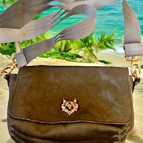 Sous les Pavés Paris SLP Green Lambskin Handbag Crossbody Web Strap Bronze Cat - Picture 4 of 15